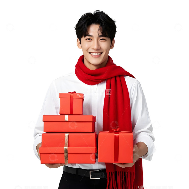 高清大图下载【趣麦麦图】青年男子手持礼物盒卡通插画春节温馨场景