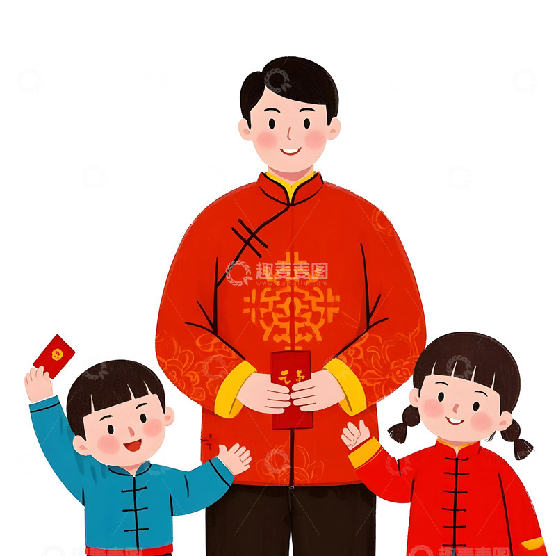 高清大图下载【趣麦麦图】爸爸与孩子一起庆祝春节卡通插画新年场景