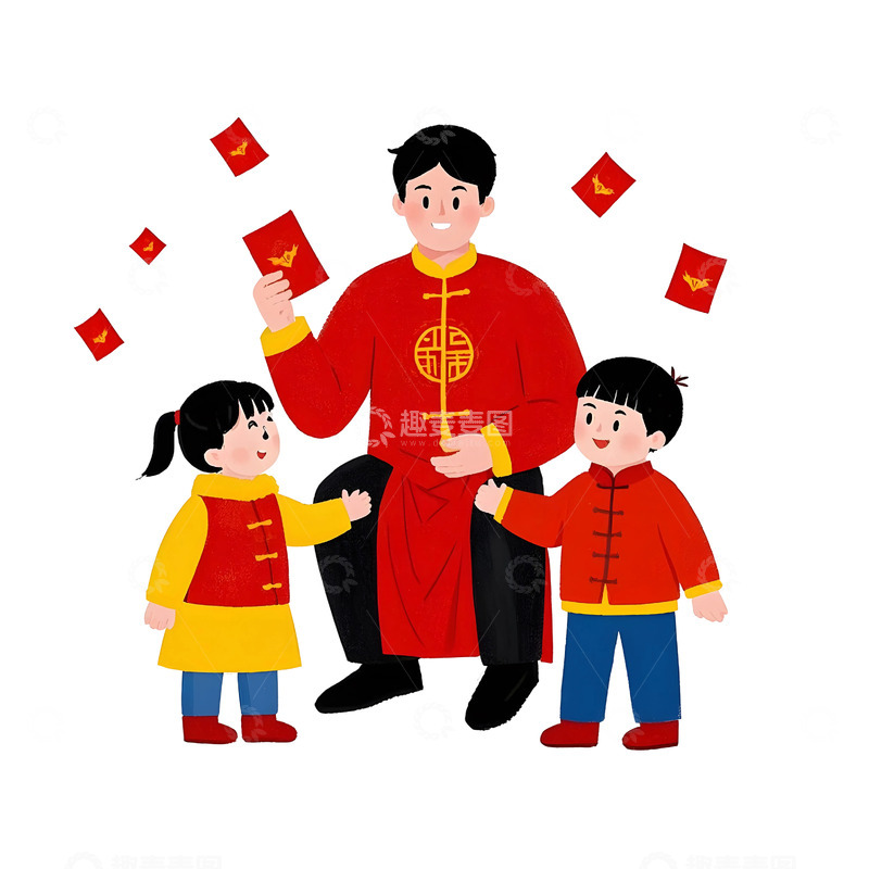 高清大图下载【趣麦麦图】男子发红包与孩子互动卡通插画春节场景