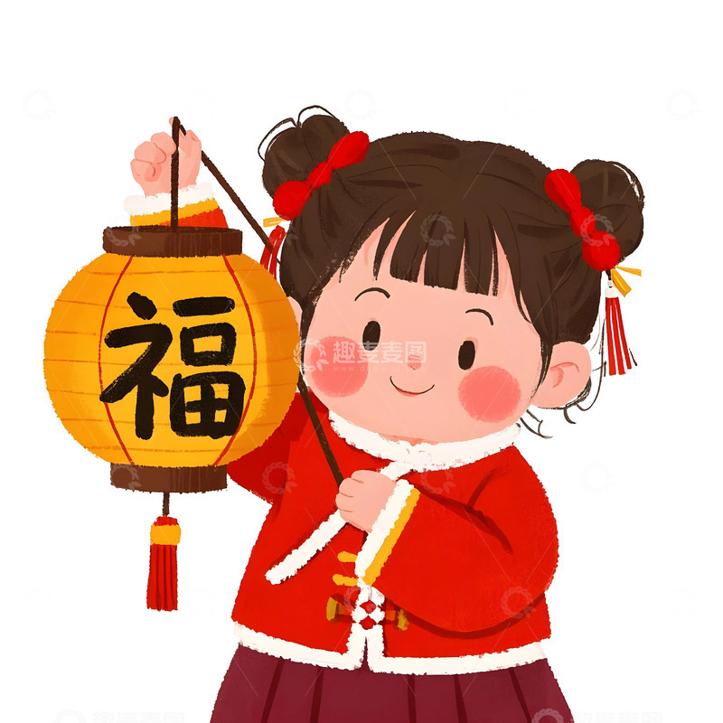 高清大图下载【趣麦麦图】小女孩穿红色服装提福字灯笼卡通插画