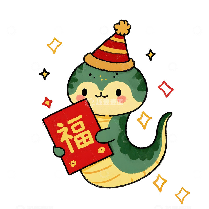 高清大图下载【趣麦麦图】蛇年卡通蛇抱福袋插画喜迎春节新年氛围