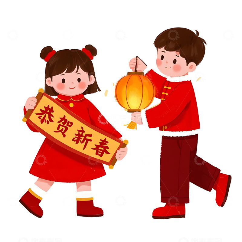 高清大图下载【趣麦麦图】男孩女孩提灯笼卡通插画春节温馨画面