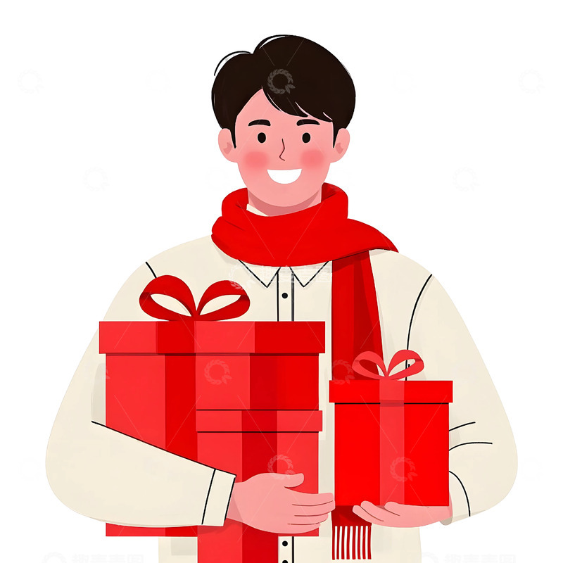 高清大图下载【趣麦麦图】微笑男子手拿礼物盒卡通插画春节氛围