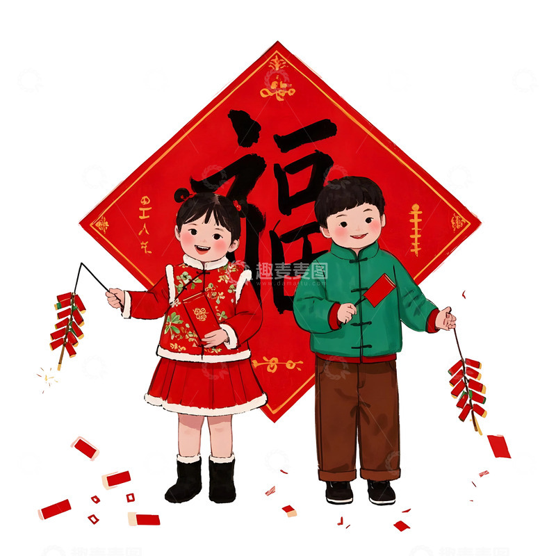 高清大图下载【趣麦麦图】儿童贴福字卡通插画蛇年春节传统活动