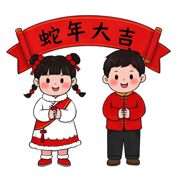 兄妹欢庆蛇年举福字卡通插画春节氛围