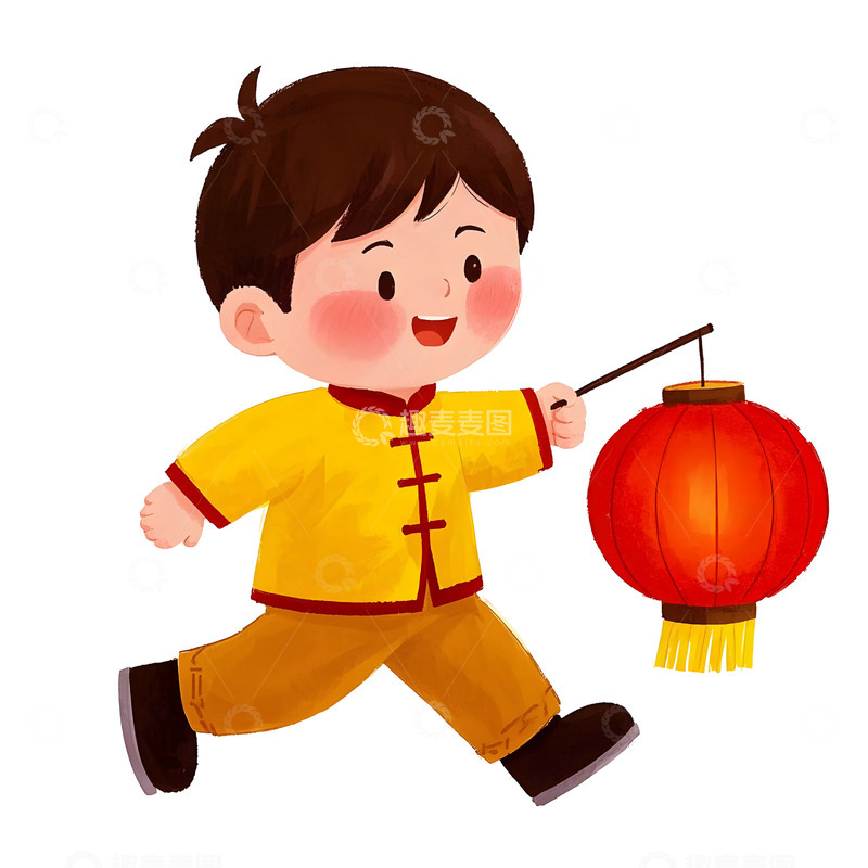 高清大图下载【趣麦麦图】小男孩提灯笼穿黄色服装卡通春节插画