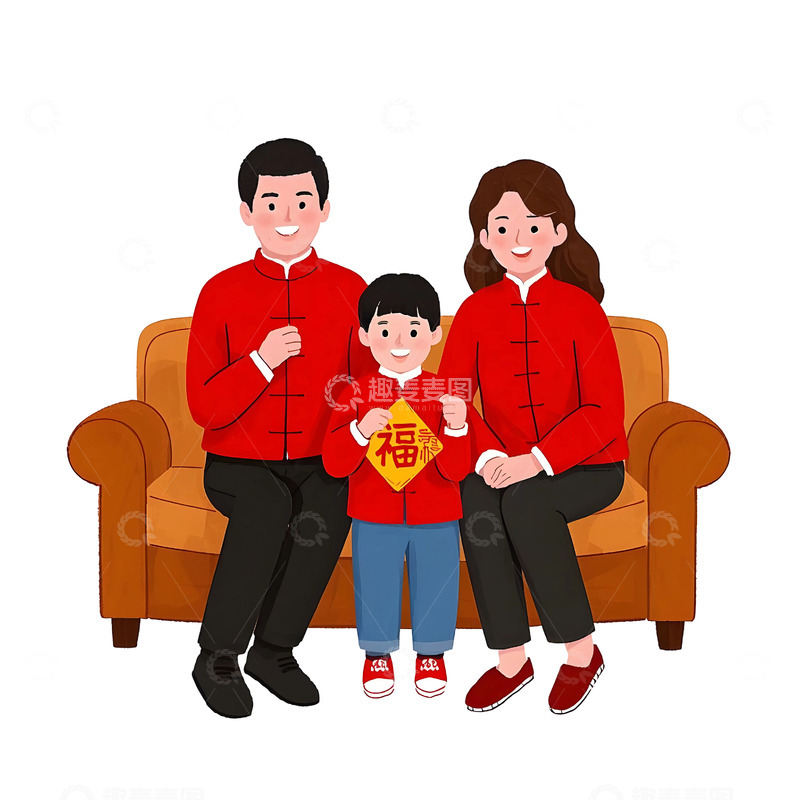 高清大图下载【趣麦麦图】全家人穿红色服饰卡通插画春节团聚场景