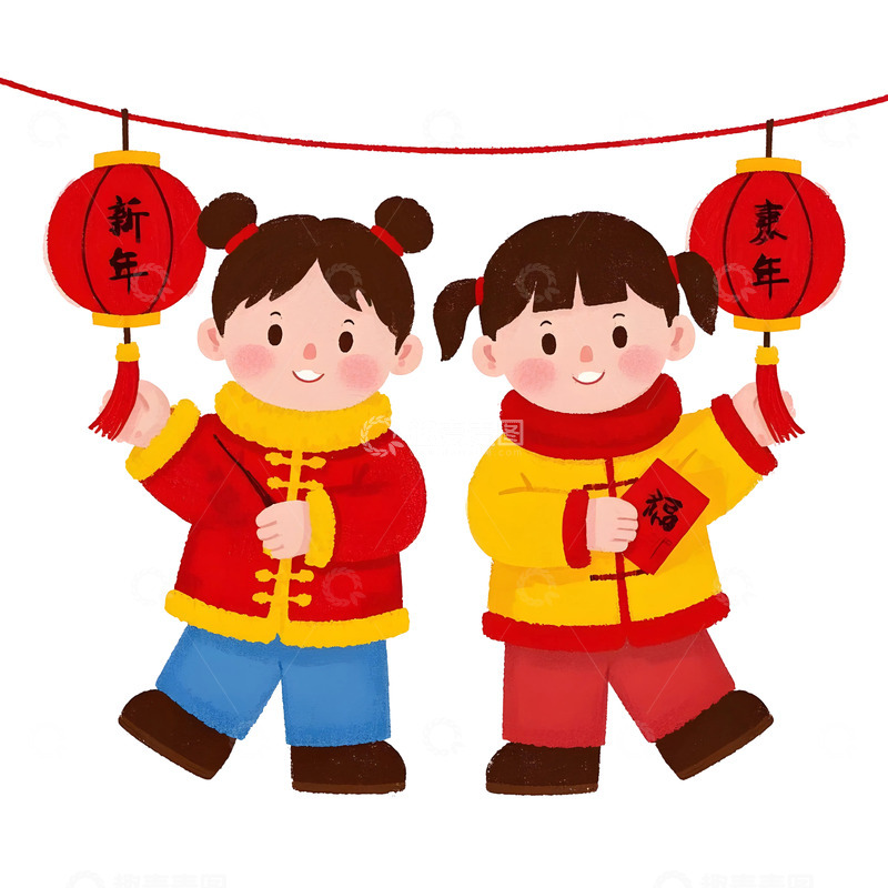 高清大图下载【趣麦麦图】小朋友提灯笼卡通插画欢庆春节画面