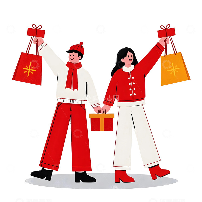 高清大图下载【趣麦麦图】情侣提红色购物袋手拿礼物盒卡通插画节庆