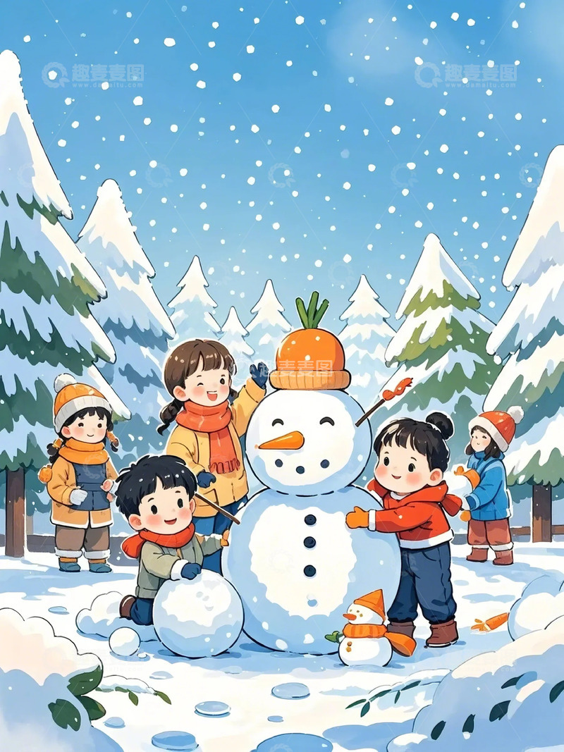 高清大图下载【趣麦麦图】春节雪地堆雪人卡通插画