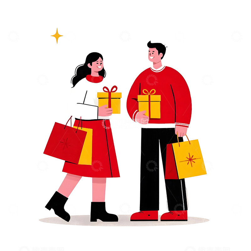 高清大图下载【趣麦麦图】情侣提礼物袋手拿金色礼盒卡通插画节庆喜庆