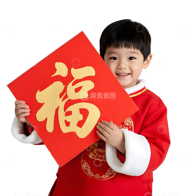 高清大图下载【趣麦麦图】男孩手举红福字卡通插画春节欢乐场景