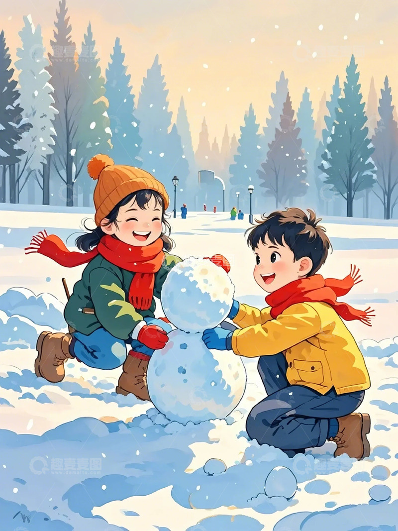 高清大图下载【趣麦麦图】春节雪景堆雪人