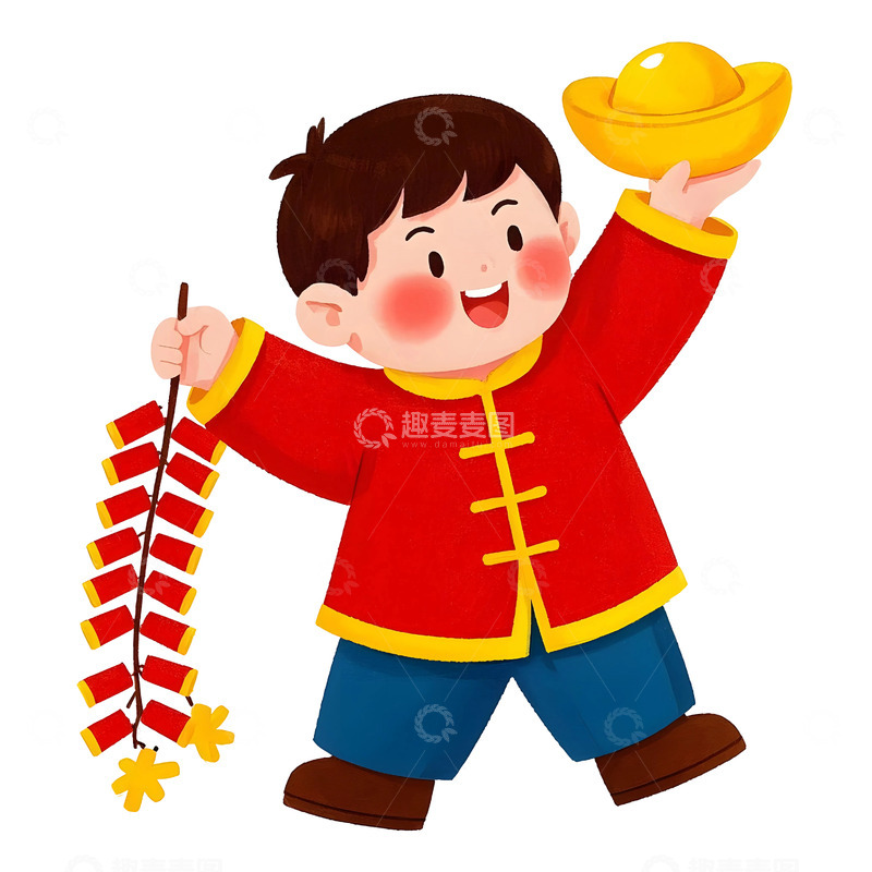 高清大图下载【趣麦麦图】小男孩撒金元宝手拿鞭炮卡通插画春节场景