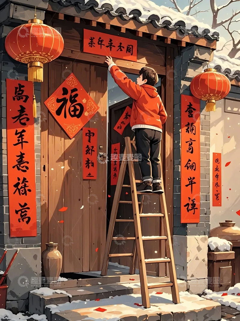 高清大图下载【趣麦麦图】春节春联卡通插图