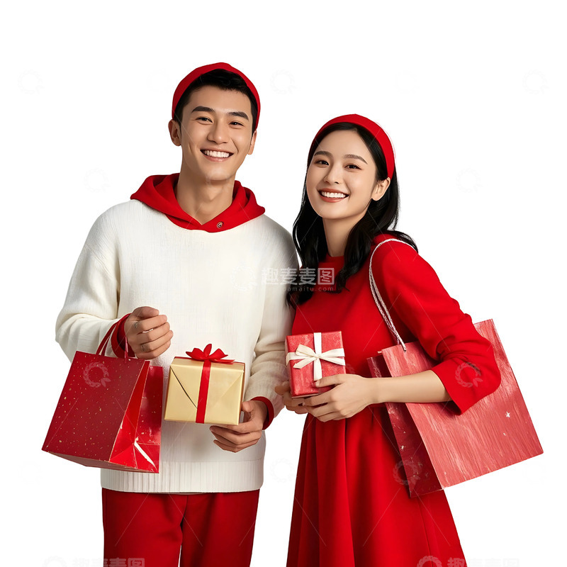 高清大图下载【趣麦麦图】情侣手拿礼物盒穿红白服装庆祝节日场景