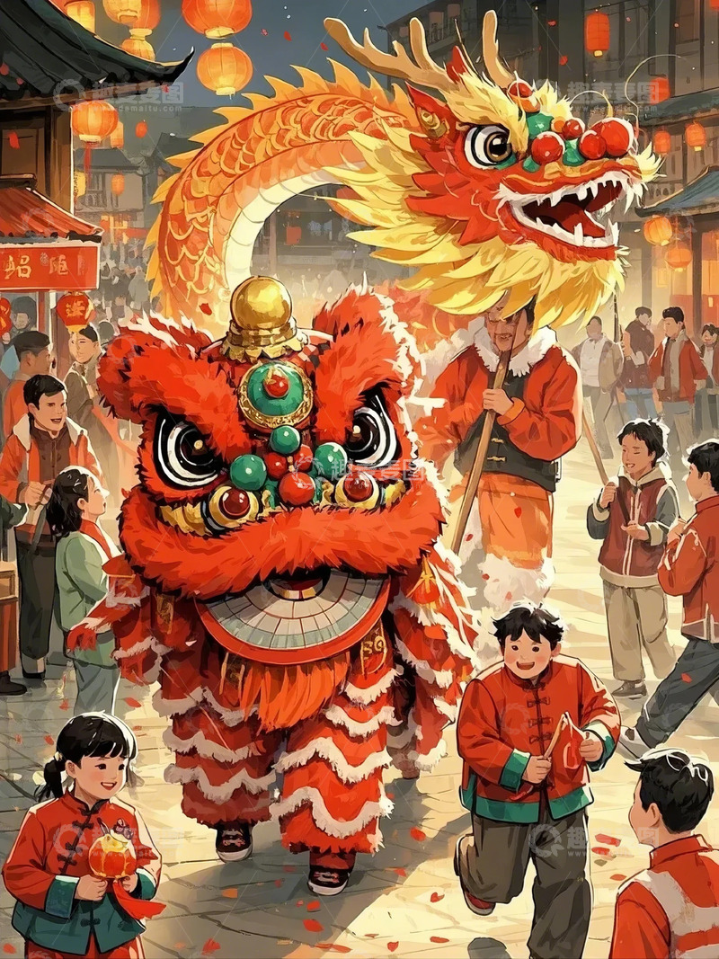 高清大图下载【趣麦麦图】春节喜庆卡通舞狮