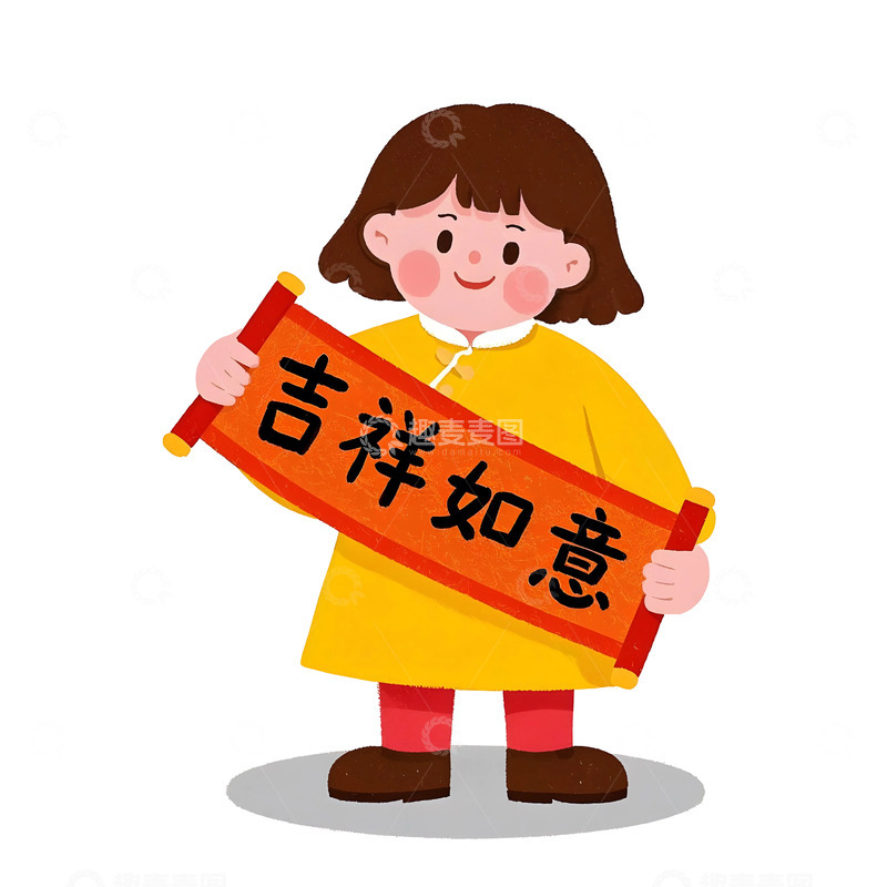 高清大图下载【趣麦麦图】小女孩提春联穿传统服饰卡通插画欢庆春节