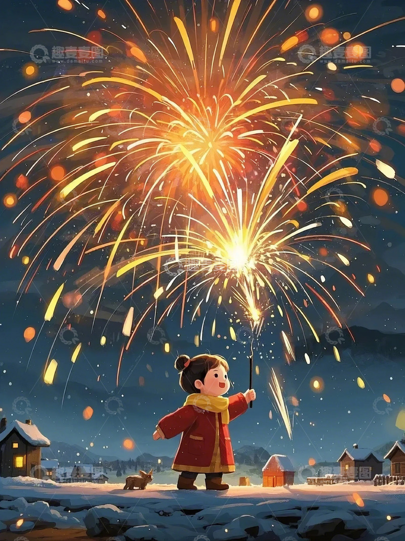 高清大图下载【趣麦麦图】春节雪地小女孩烟花