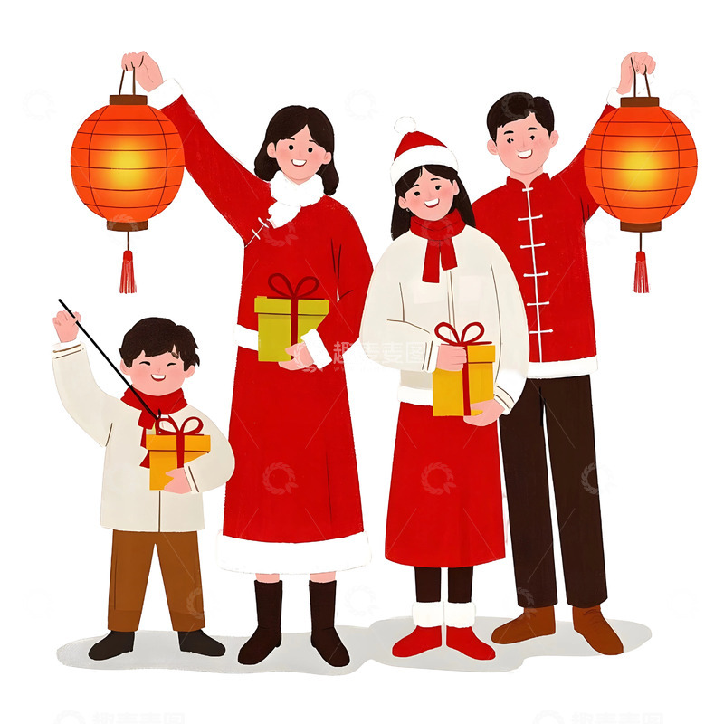 高清大图下载【趣麦麦图】一家四口人提灯笼欢庆春节卡通插画温馨画面