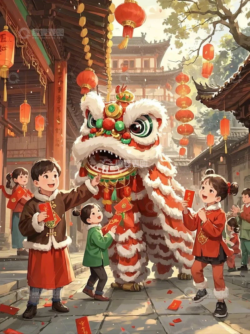 高清大图下载【趣麦麦图】春节新年舞狮插图