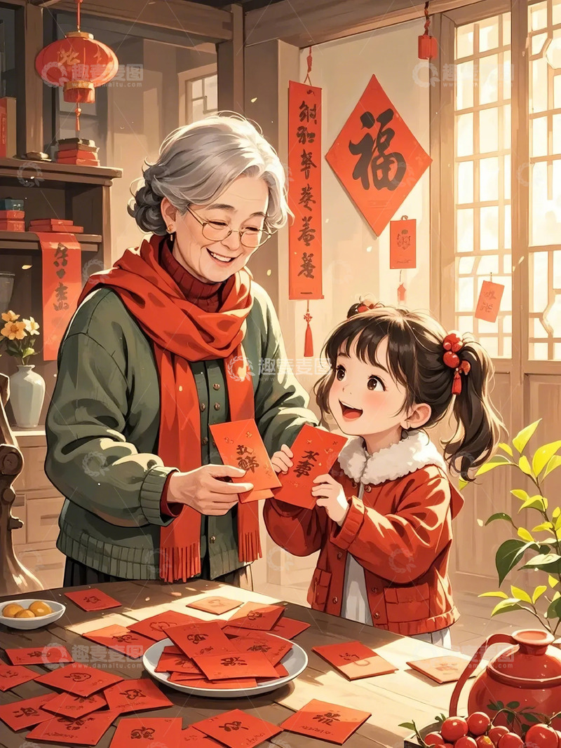 高清大图下载【趣麦麦图】春节过年卡通红包小女孩