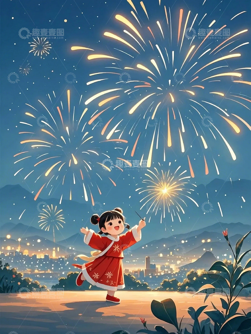 高清大图下载【趣麦麦图】春节卡通烟花夜景小女孩