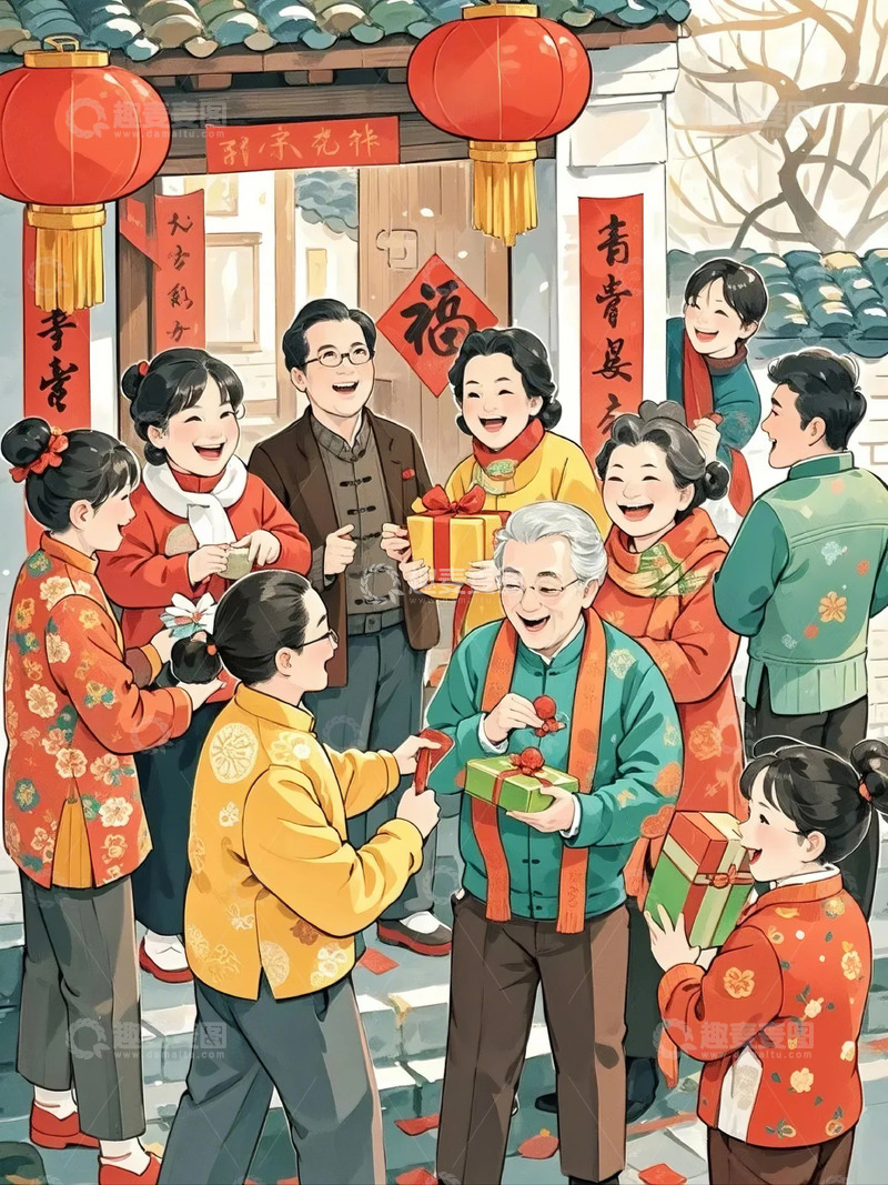 高清大图下载【趣麦麦图】春节卡通喜庆走亲戚