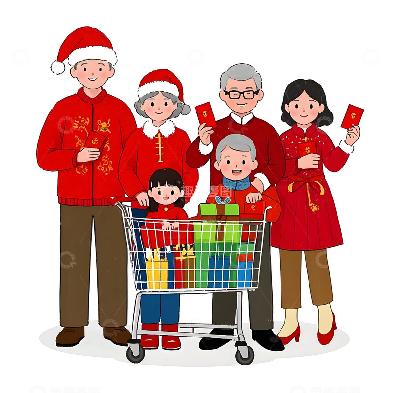 高清大图下载【趣麦麦图】全家手提购物袋与礼物盒卡通插画欢庆节日