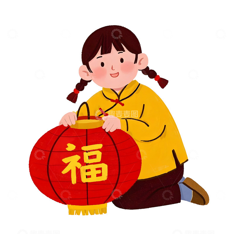 高清大图下载【趣麦麦图】女孩手提灯笼卡通插画庆祝春节温馨画面