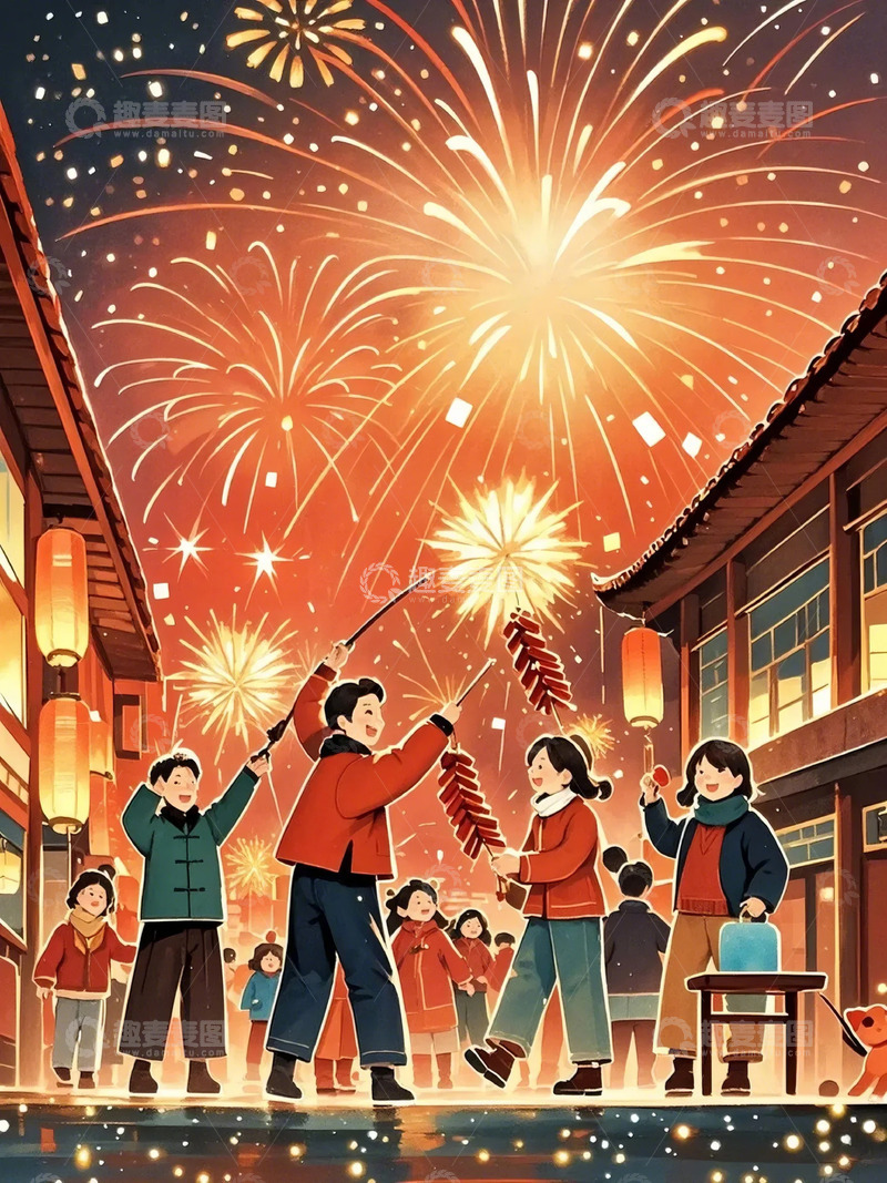 高清大图下载【趣麦麦图】春节喜庆热闹烟花鞭炮