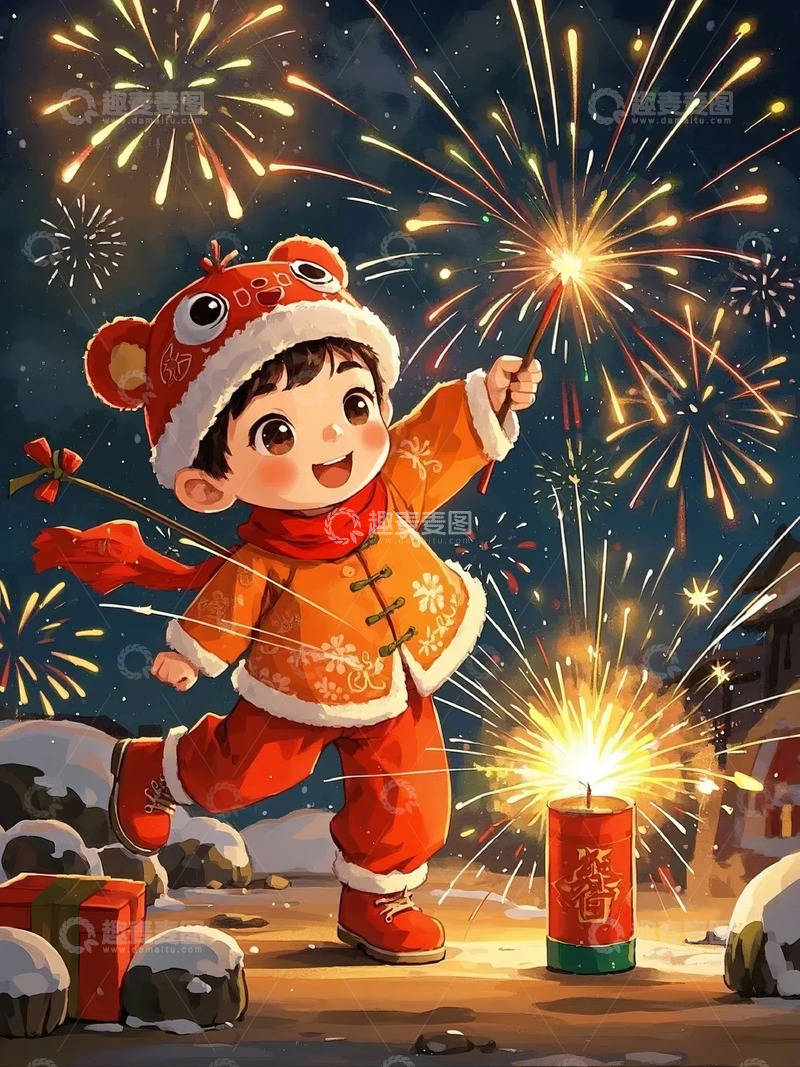 高清大图下载【趣麦麦图】春节夜景烟花小孩
