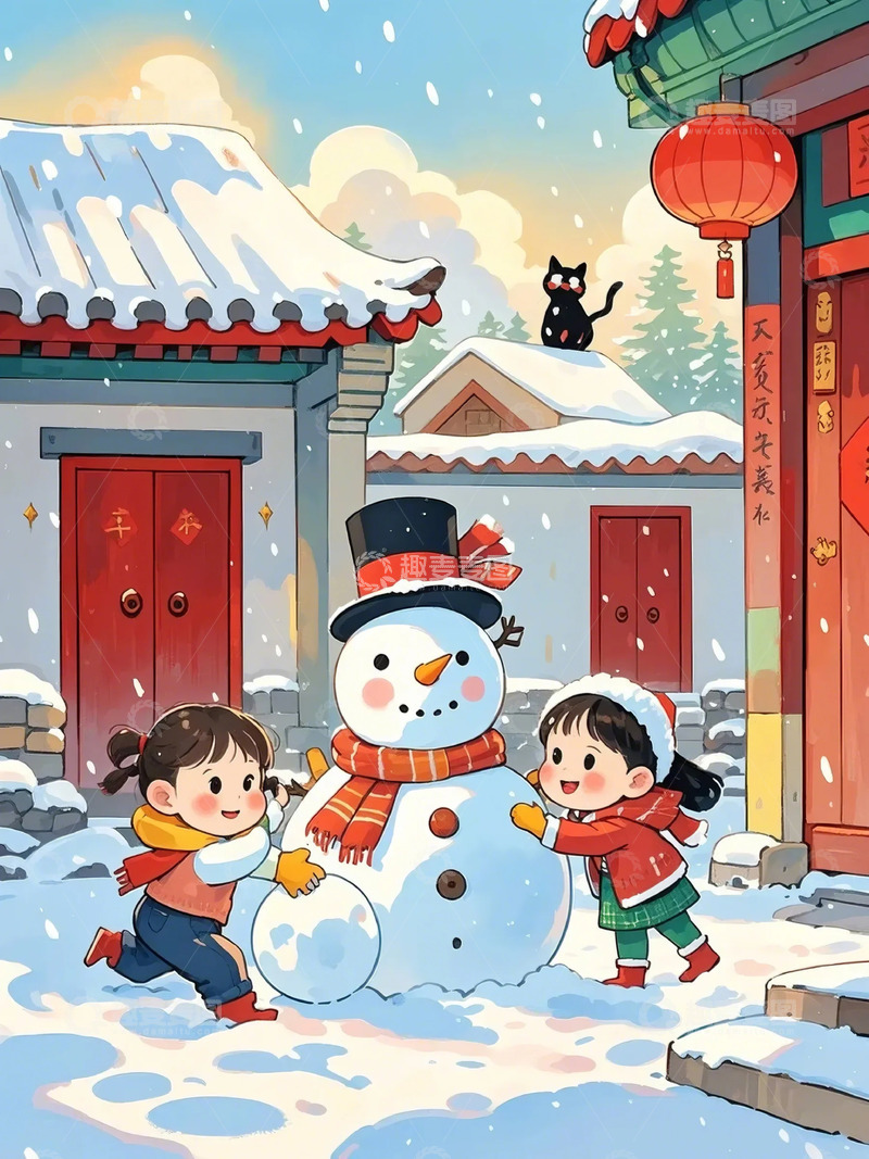 高清大图下载【趣麦麦图】春节雪地雪人小女孩