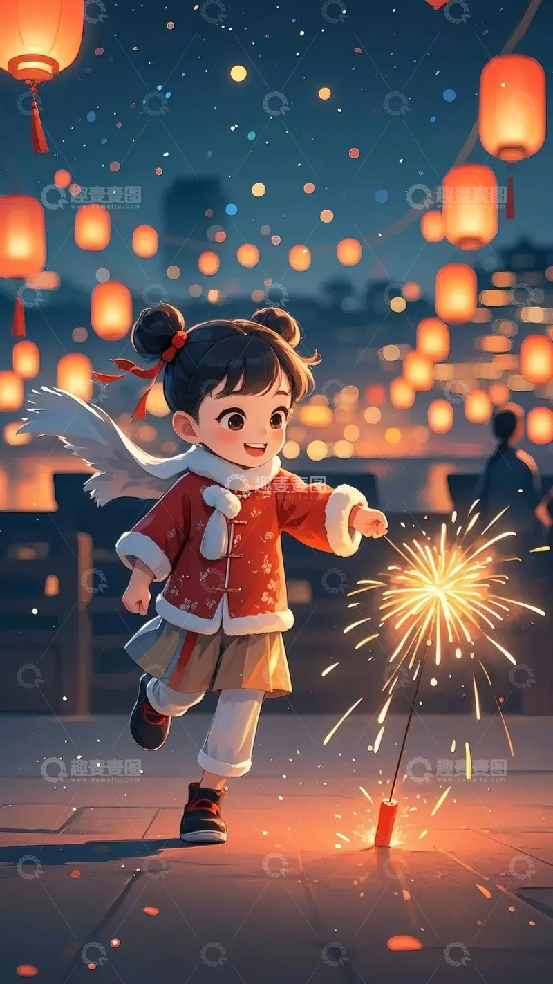 高清大图下载【趣麦麦图】春节卡通小孩夜景烟花