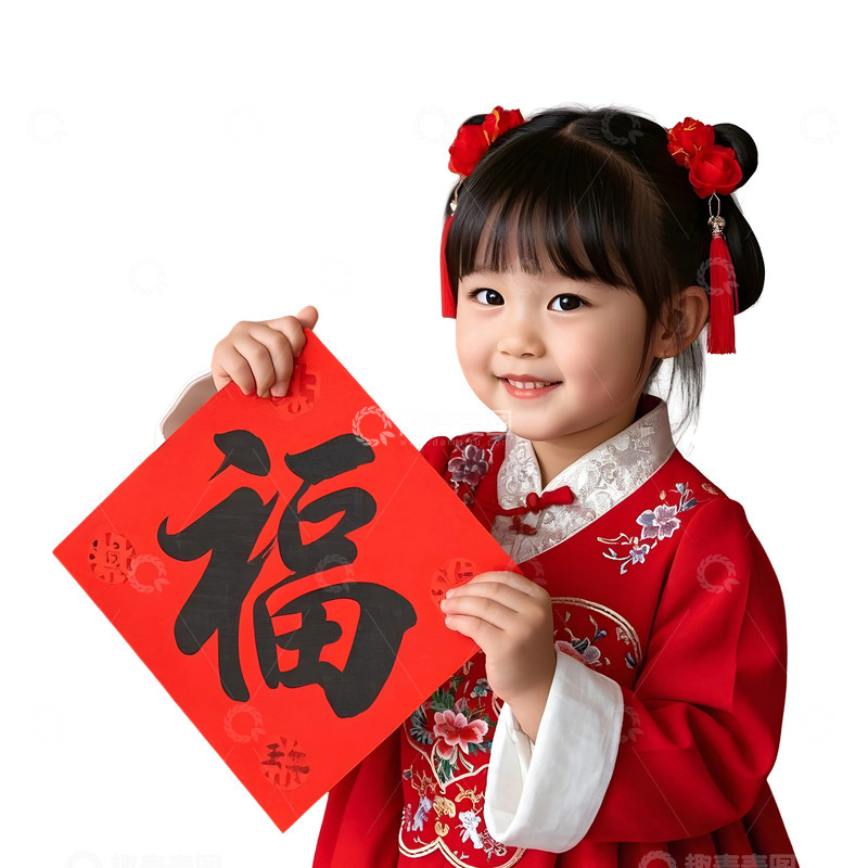 高清大图下载【趣麦麦图】穿红色汉服的小女孩手持福字欢庆春节