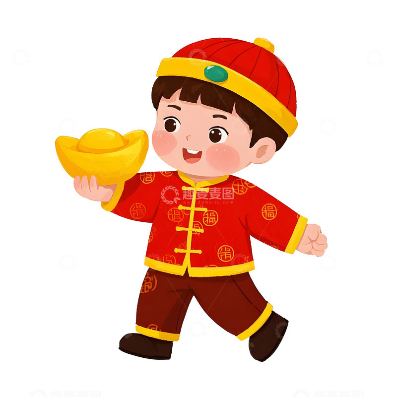 高清大图下载【趣麦麦图】男孩穿红色服饰撒金元宝卡通插画