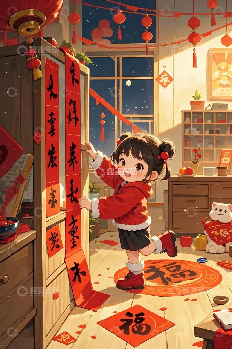 高清大图下载【趣麦麦图】春节室内小女孩春联