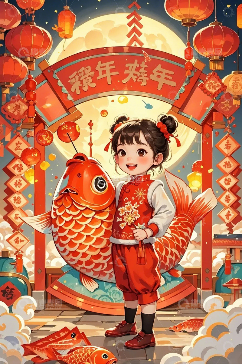 高清大图下载【趣麦麦图】春节新年小女孩锦鲤背景插图