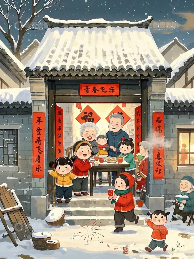 高清大图下载【趣麦麦图】春节冬天雪景热闹喜庆小孩