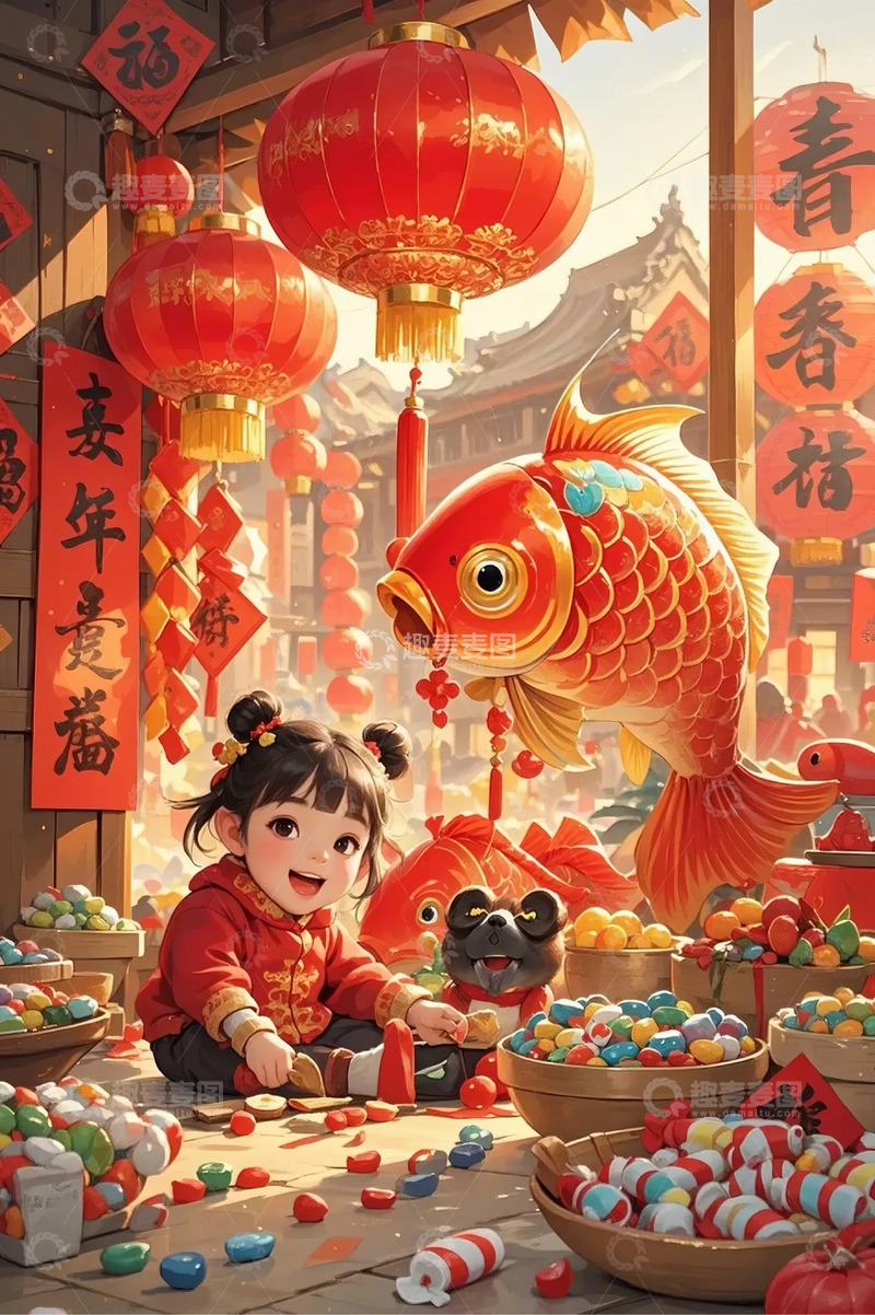 高清大图下载【趣麦麦图】春节锦鲤插画卡通小女孩