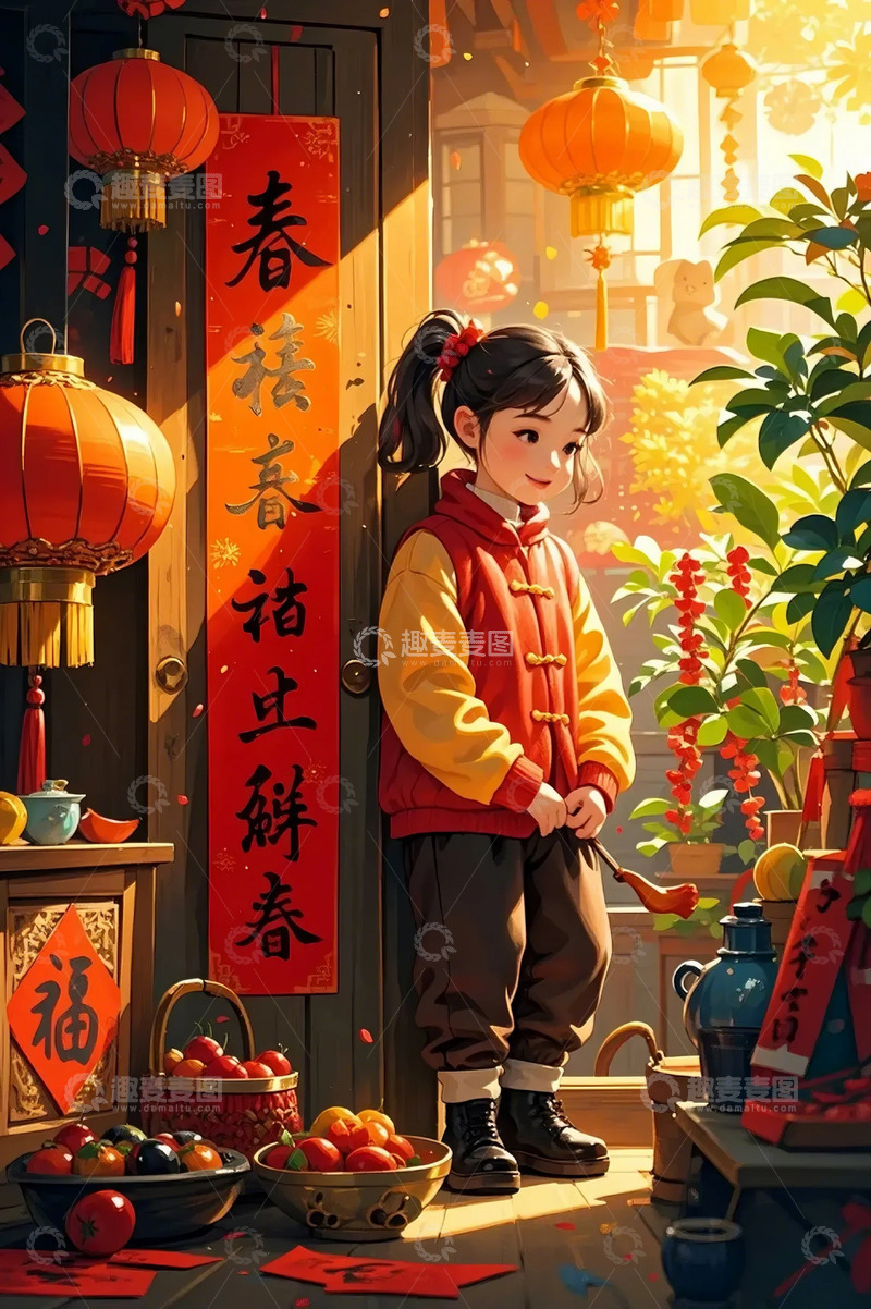 高清大图下载【趣麦麦图】春节喜庆小女孩插画卡通
