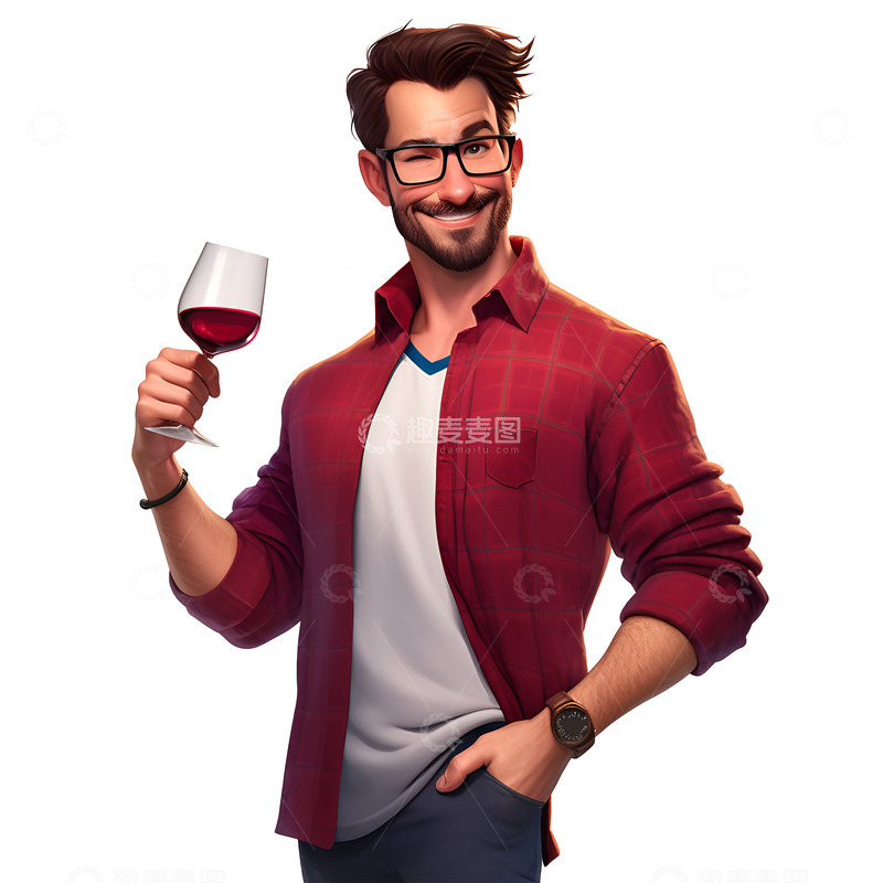 高清大图下载【趣麦麦图】卡通简约拿着红酒杯的男士