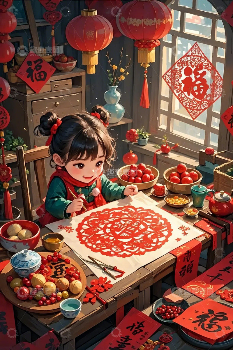 高清大图下载【趣麦麦图】春节卡通小女孩剪窗花