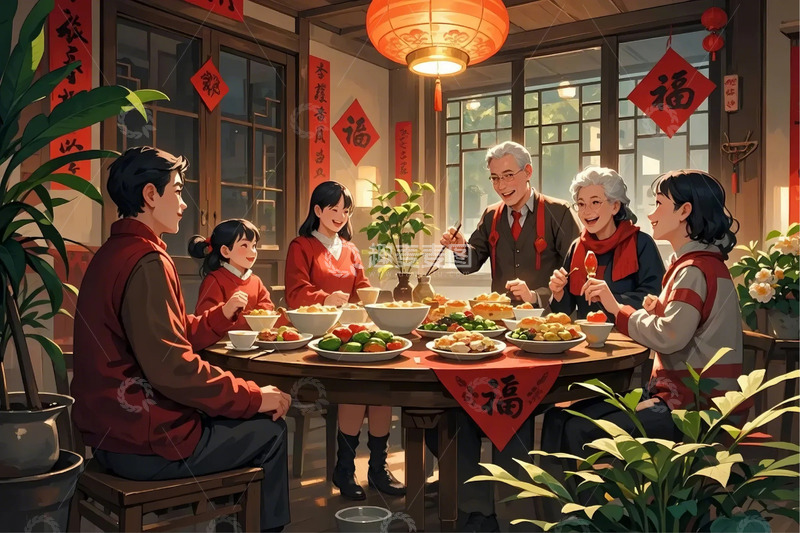 高清大图下载【趣麦麦图】春节团圆饭写实插画