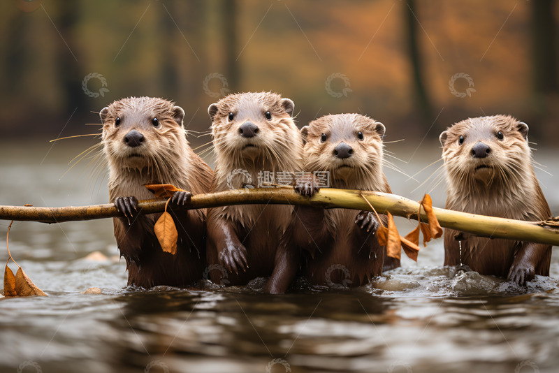 高清大图下载【趣麦麦图】河里的一群水獭