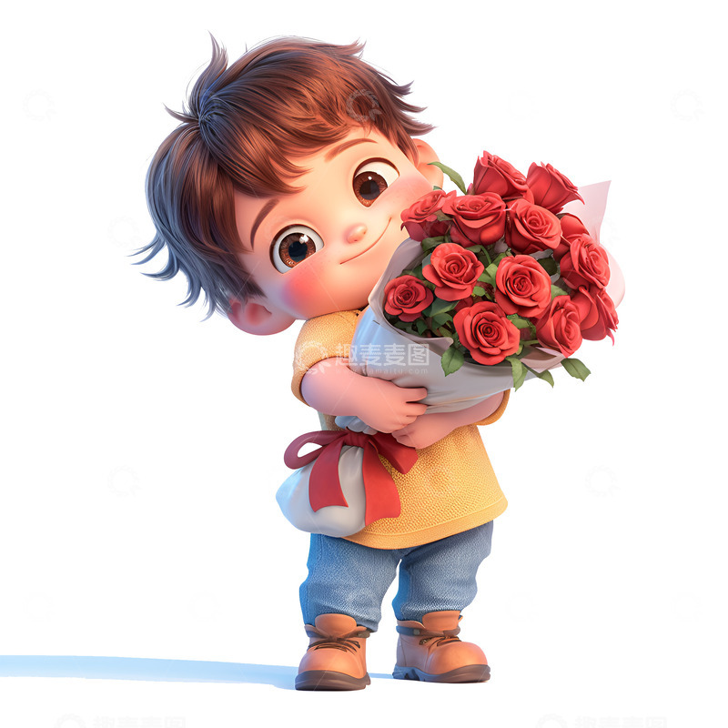 高清大图下载【趣麦麦图】卡通简约抱着玫瑰花的男孩