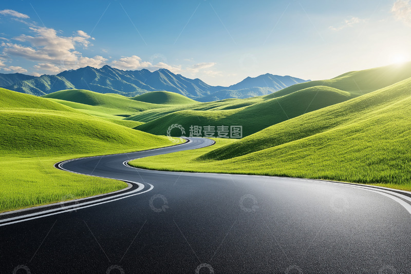 高清大图下载【趣麦麦图】绿草青山背景公路摄影