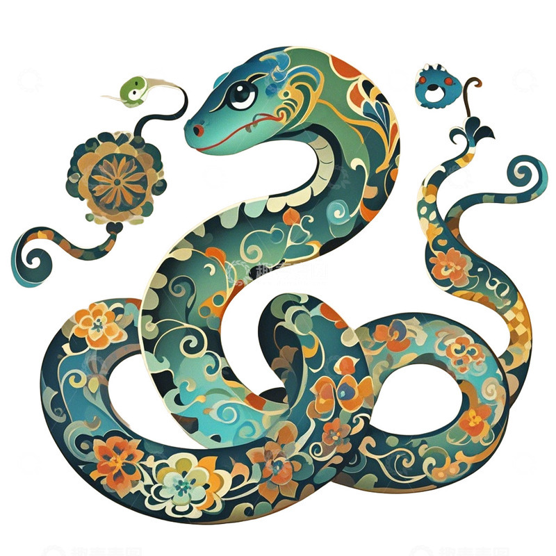 高清大图下载【趣麦麦图】春节蛇年绿色复古中式花纹