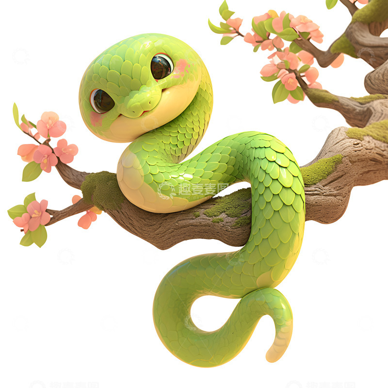 高清大图下载【趣麦麦图】卡通简约桃花树枝上的绿蛇