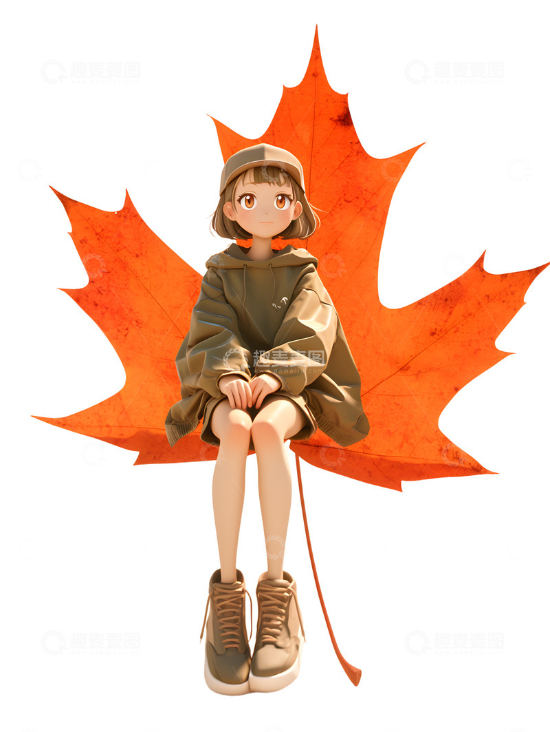 高清大图下载【趣麦麦图】可爱的女孩与大枫叶